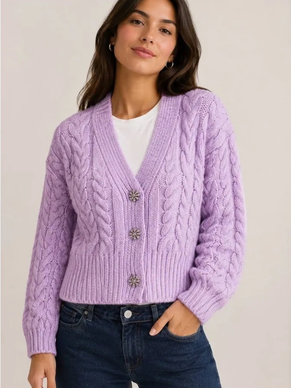 Zara Lavender Cable-Knit V-Neck Cardigan with Decorative Buttons